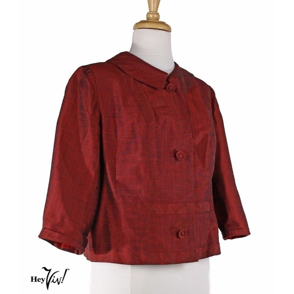 Vintage 50s Red Silk Sharkskin Boxy Jacket Hong Kong Hallmark Tag Sz L - Hey Viv - Picture 1 of 7
